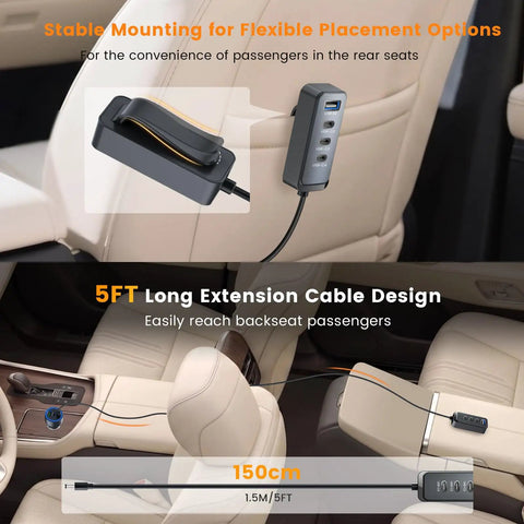 5FT long extension cable and six port USB C car charger for rear seat convenience, part of Super Fast 127.5W Usb C Car Charger With Six Powerful Ports.