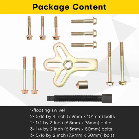 Package contents of Harmonic Balancer Steering Wheel Puller Kit 13 Piece showing bolts, swivel, and puller flange