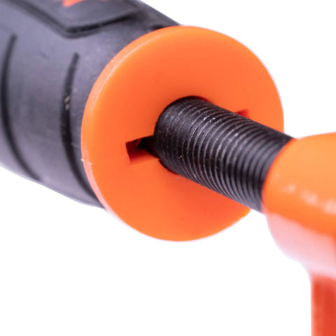 Close-up of the screw mechanism on a Beefy 12 Inch Opening Heavy Duty Steel Bar Clamp With Protective Pads Orange