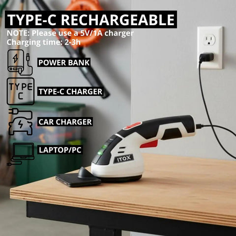 Cordless 2 In 1 Grass Shear And Hedge Trimmer, Lightweight Handheld Yard Tool charging via Type C cable on a wooden table.