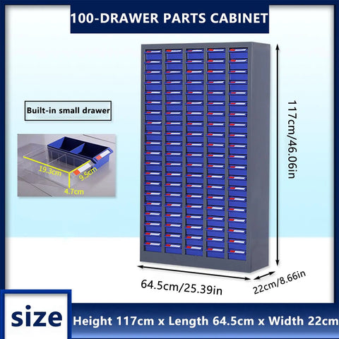 Heavy Duty Metal Hardware Organizer Stackable Parts Cabinet With 75 Or 100 Smooth Gliding Drawers For Garage Warehouse, 100 drawers displayed.