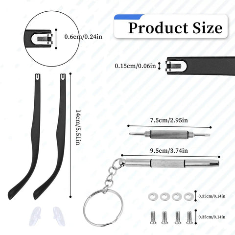 Top Tier Glasses Arm Replacement Set For Everyday Spectacles Includes Heavy Duty Screws Tough Nylon Washers Precision Screwdriver And Cushy Silicone Nose Pads For Hassle Free Frame Restore Gear, showing size and components.