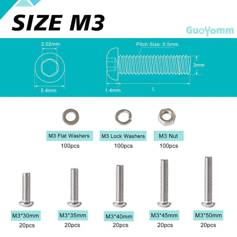M3 Button Head Socket Cap Screws And Hex Nuts Assortment Kit With Flat And Lock Washers Crafted From Slick 304 Stainless Steel, showing sizes and quantities.
