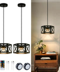 Farmhouse Pendant Light With Wood And Metal Cage, Rustic White Wood Pendant With Glass, over bedside table in modern room.