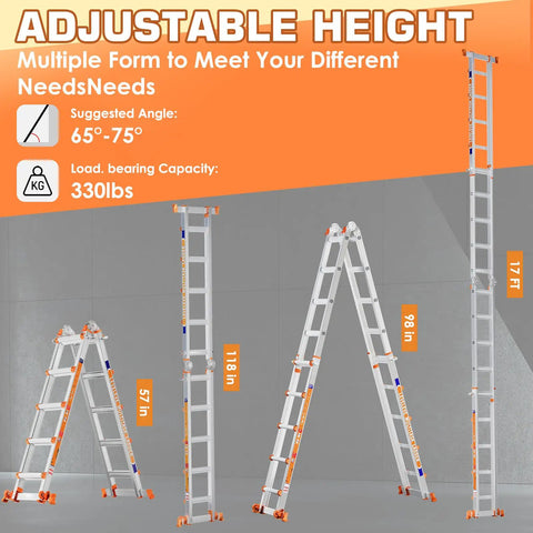 Telescoping A Frame Ladder 17 Ft With Wheels And Stabilizer Bar Multi Position Height 330 Lb Load Capacity Safe For Stairs Indoor Outdoor Roof Access Your DIY Hustle, shown in four positions