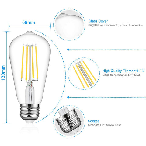 Diagram of Vintage Edison Style LED Filament Bulbs 60W Equivalent 4000K Daylight White High CRI 95 ST58 Non Dimmable E26 Base