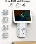 Wall Outlet Extender With Shelf And Night Light Surge Protector And Wall Mount Power Strip Featuring 5 AC Outlets 3 USB A Ports 1 USB C Port 3 Sided Design With Tablet Charging