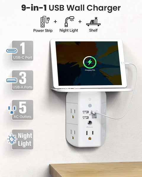 Wall Outlet Extender With Shelf And Night Light Surge Protector And Wall Mount Power Strip Featuring 5 AC Outlets 3 USB A Ports 1 USB C Port 3 Sided Design With Tablet Charging