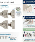 Heavy Duty Full Overlay Soft Closing Euro Concealed Cabinet Hinges Face Frame Mounted Built Tough For Kitchen And Bedroom Furniture With Complete Mounting Hardware Set Included image showing two soft-close hinges with installation details.