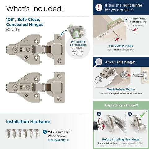 Heavy Duty Full Overlay Soft Closing Euro Concealed Cabinet Hinges Face Frame Mounted Built Tough For Kitchen And Bedroom Furniture With Complete Mounting Hardware Set Included image showing two soft-close hinges with installation details.