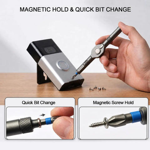 42 In 1 Magnetic Ratcheting Screwdriver Set With T Handle Multi Bit Repair Tool Kit in use with electronics showing quick bit change