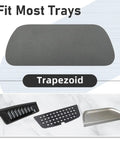 Two Pack Fridge Drip Tray Mats Cuttable 8.3 By 3.1 Inches Absorbent Ice Dispenser Mat For Samsung Whirlpool GE Fridge Drip Pad Trapezoid Grey shown fitting various trays.