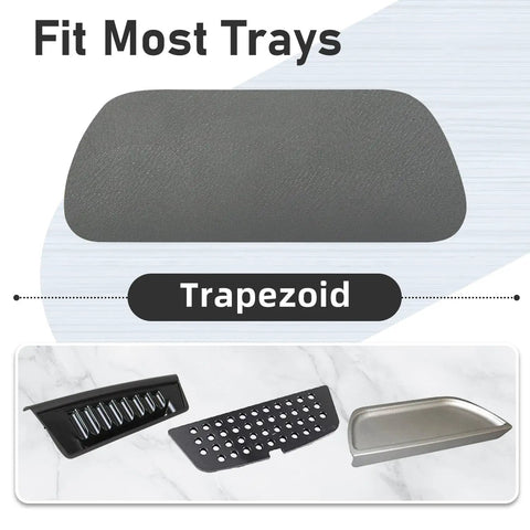 Two Pack Fridge Drip Tray Mats Cuttable 8.3 By 3.1 Inches Absorbent Ice Dispenser Mat For Samsung Whirlpool GE Fridge Drip Pad Trapezoid Grey shown fitting various trays.