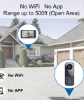 Wireless HD Video Doorbell With 4.5 Inch Indoor Monitor No WiFi Or App Needed Two Way Talk Night Vision Local SD Storage Ideal For Seniors And Apartments installed outside a house showing range and features.