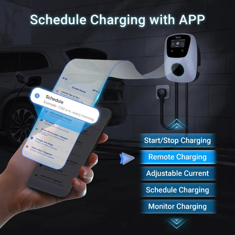 App-controlled Tesla Compatible Level 2 EV Charger with J1772, 48A, 240V showing charging schedule on smartphone