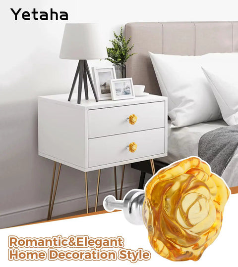 Yellow Crystal Rose Shaped Glass Cabinet Knobs 5 Pack With Screws Easy Install For Drawers Cabinets Dressers Cupboards And Bathroom Kitchen Furniture Decoration Glam Modern Charm on white drawer
