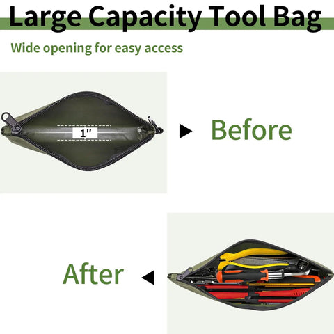 3 Pack Premium Tool Pouches With Zippers And Carabiners 10 Inch Flat Bottom Pouches for tools and stationery before and after view