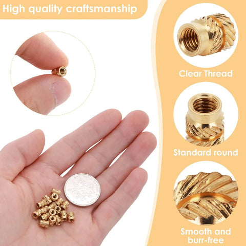 100 Pcs M3 Heat Set Threaded Inserts For 3D Printing Brass Knurled Twill Nuts, shown on a hand for size reference