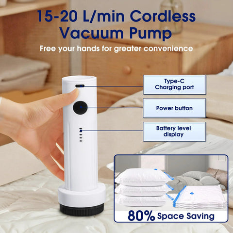 Front view of white cordless vacuum pump for storage bags, clothes, and bedding with USB-C charging port, power button