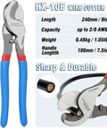 Front view of Tivorex HX-10B wire cutter pliers with blue handles; copper wire, ring terminals, heat shrink tubing.