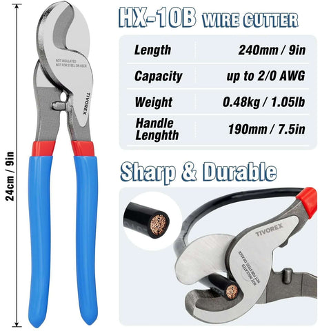 Front view of Tivorex HX-10B wire cutter pliers with blue handles; copper wire, ring terminals, heat shrink tubing.