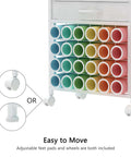 Front view of white VennQD vinyl roll organizer cart with 24 color-coded roll holders and 2 fabric drawers