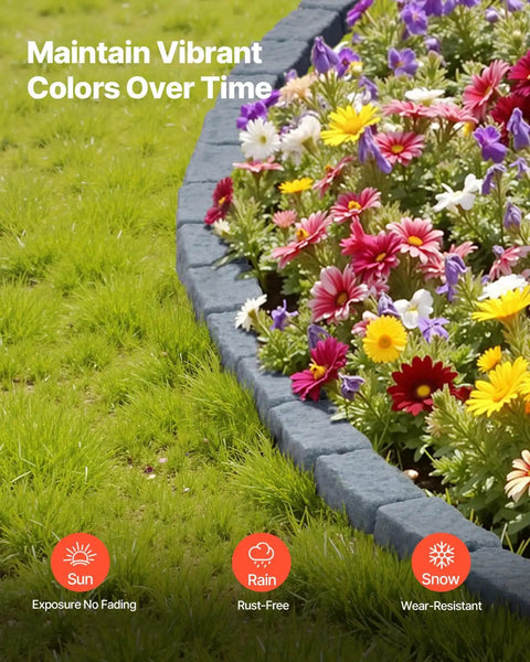Faux Stone Landscape Edging Kit No Dig Border For Lawn And Garden Flexible Stone Look Edging For Flower Beds Driveways And Yards Includes 12 Spikes 4 Pack Of 24 Bricks 16 Ft Kit 46.5 In Long Gray bordering colorful flower bed.