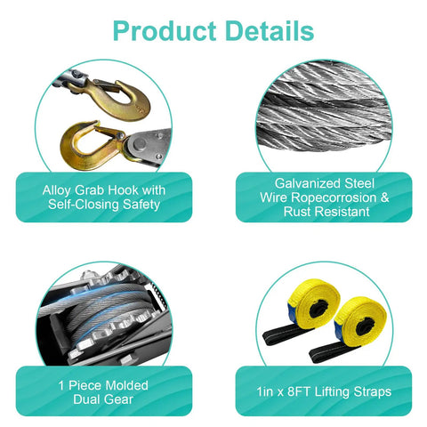 Product details of 5 Ton Beefed Up Come Along Winch With 11 Foot Steel Cable Three Hooks Heavy Duty Hand Winch Dual Gear System With Two 1X8 Foot Lifting Slings Automotive Hoist Cable Puller For Vehicle Rescue showing hooks, cable, gears, and straps