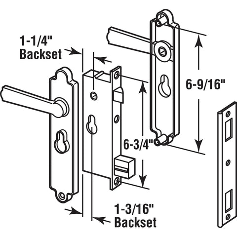 Diagram of K 5092 Steel and Diecast Security Door Heavy-Duty Keyed-Locking Mortise Handle Set for Security Screen Doors dimensions.