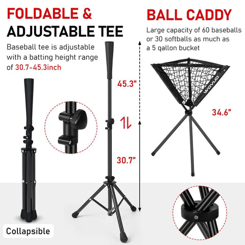 Foldable adjustable tee and ball caddy for 7x7 Ft Baseball And Softball Hitting And Pitching Net With Strike Zone