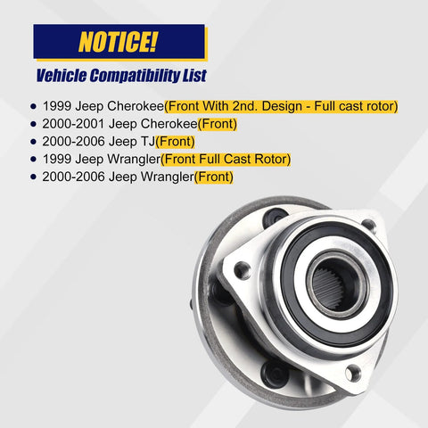 2 Pack Beefed Up Front Wheel Hub And Bearing Assembly For 1999 To 2001 Jeep Cherokee And 2000 To 2006 TJ Wrangler Front Passenger And Drive Sides Includes Both Sides Heavy Duty Replacement displayed with vehicle compatibility list