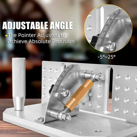 Heavy Duty Pro Grade Belt Grinder Knife Jig with adjustable angle mechanism, showing dual press plates, 7.75 inch sharpening locator.