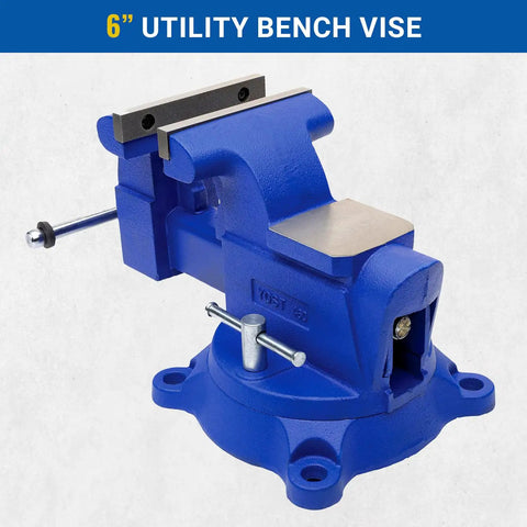 Beefy 6 Inch Combination Vise For Pipe And Bench Work With Swivel Base Cast Iron Frame And Steel U Channel Replaceable Serrated Jaws Big Anvil Surface Built Tough And Ready, 6-inch bench vise angled view