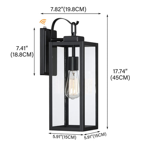 Large Outdoor Wall Light With Dusk To Dawn Sensor, Matte Black Exterior Fixture, Clear Glass Shade, Waterproof Front Porch Lantern dimensions