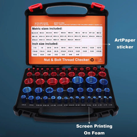 54 Piece Nut And Bolt Thread Checker Set With Inch And Metric Gauges For Tight Spaces Beefy Pro Grade Thread Gauge Kit To Identify Bolts And Nuts Great For Inspecting Fixed Bolts Or Threaded Holes In A Handy Tool Box, open case with color-coded gauges