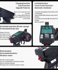 8 Channel 2.4GHz RC Transmitter And Receiver Set showing front panel, buttons, and charging port features, with durable plastic case.
