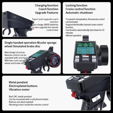 8 Channel 2.4GHz RC Transmitter And Receiver Set showing front panel, buttons, and charging port features, with durable plastic case.