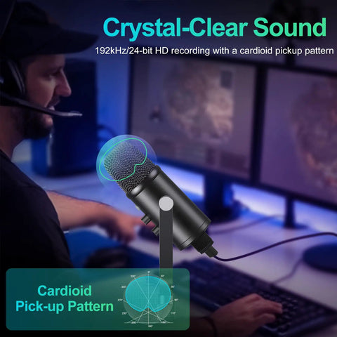 USB Condenser Microphone for PC Mac Phones PS4 PS5 Plug and Play Studio Mic with Mute Button and Noise Reduction shown during gaming.