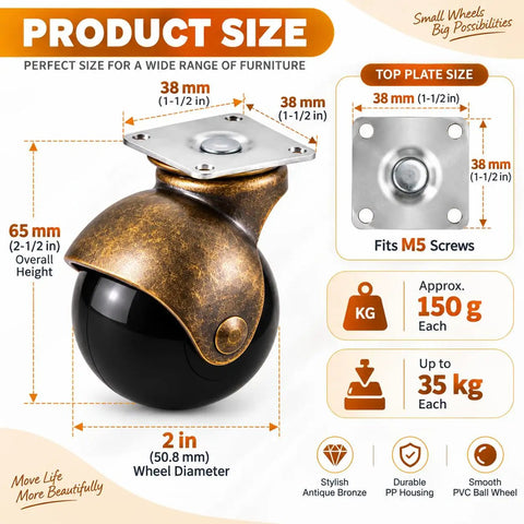 Twelve Piece 2 Inch Ball Caster Set With Swivel Plate Mount For Furniture And Cabinet Projects providing detailed size specifications.