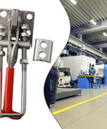 Heavy Duty Stainless Steel Toggle Latch With Self Locking Clamp For Secure Panel And Lid Fastening Holds Up To 440 Pounds Load In One Hand, red handle, workshop use