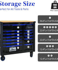 Heavy Duty Rolling Tool Chest With 12 Drawers Mechanic Tool Box On Wheels Beefy Mobile Storage Cabinet And Workbench For Garage Workshop Warehouse And Repair Shop With Solid Wood Top, front view with drawer sizes