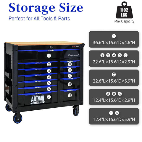 Heavy Duty Rolling Tool Chest With 12 Drawers Mechanic Tool Box On Wheels Beefy Mobile Storage Cabinet And Workbench For Garage Workshop Warehouse And Repair Shop With Solid Wood Top, front view with drawer sizes