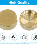 Knock Those Ugly Threads Aside With Our Premium Solid Brass Screw Covers This Sixteen Piece Set Of Retro Decorative Hardware Caps Delivers A Snazzy Vintage Look Forever. Two brass screw covers showing flat surface and corrosion protection.