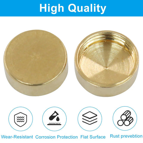 Knock Those Ugly Threads Aside With Our Premium Solid Brass Screw Covers This Sixteen Piece Set Of Retro Decorative Hardware Caps Delivers A Snazzy Vintage Look Forever. Two brass screw covers showing flat surface and corrosion protection.