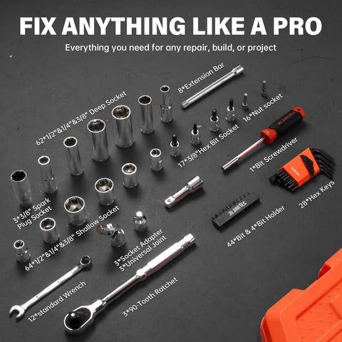 Beefy All In One Heavy Duty 264 Piece Mechanics Tool Set With SAE And Metric Sockets Drive Sizes