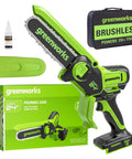 Ultra Compact 24V Cordless Mini Chainsaw Featuring 6 Inch Cut Bar, oil bottle, and packaging for heavy pruning tasks.