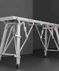 Heavy Duty Portable Scaffolding And Adjustable Work Platform With Rock Solid Stability And Zero Sweat Folding Setup For Ace Ceiling Jobs Car Cleans Or Home Repairs Up To Eight Hundred Pounds Max Load, aluminum structure, front view, stabilized for safety.