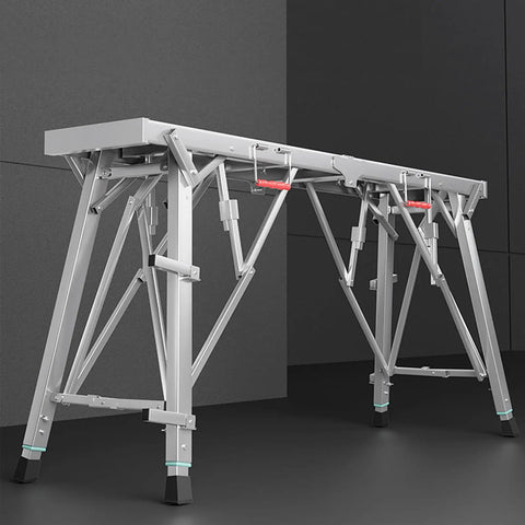 Heavy Duty Portable Scaffolding And Adjustable Work Platform With Rock Solid Stability And Zero Sweat Folding Setup For Ace Ceiling Jobs Car Cleans Or Home Repairs Up To Eight Hundred Pounds Max Load, aluminum structure, front view, stabilized for safety.