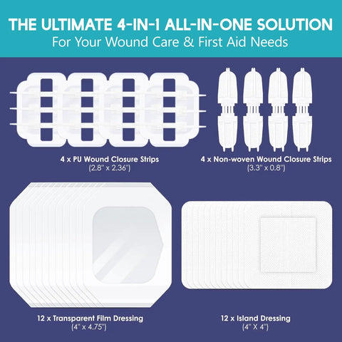 Wound Closure Strips Kit With Butterfly Bandages And Quick Clot Suture 32 Pcs including PU strips, nonwoven strips, dressings.