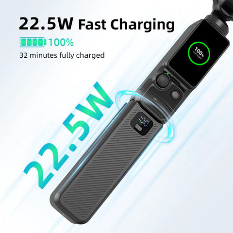 Juiced Up Battery Handle With Digital Display For DJI Osmo Pocket 4 And Pocket 3 showing 22.5W fast charging feature